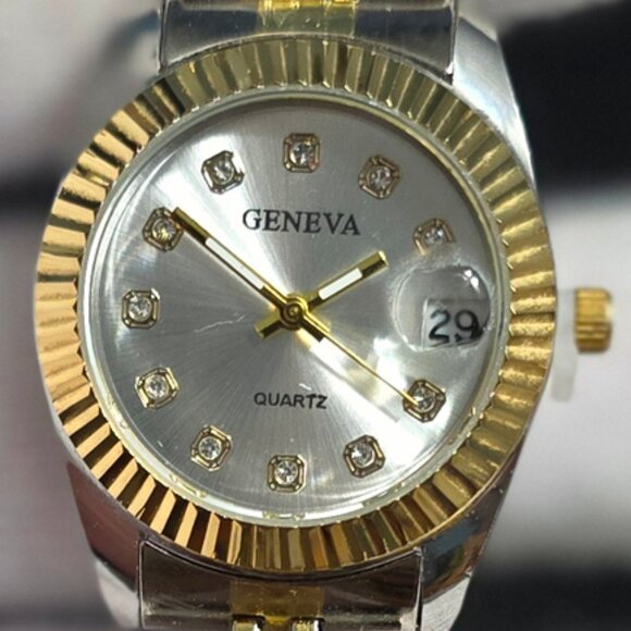 Geneva Ladies Rhinestone Silver Dial Watch Two-Tone Gold/Silver Bracelet W/Date - Picture 2 of 16